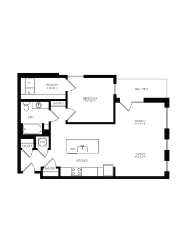 Modern studio apartment floor plan featuring an open kitchen with island, a spacious living area, and a well-organized bathroom with laundry facilities.
