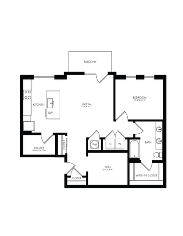 Modern 2D floor plan showcasing a single bedroom, luxurious bathroom, and stylish kitchen with open living space.