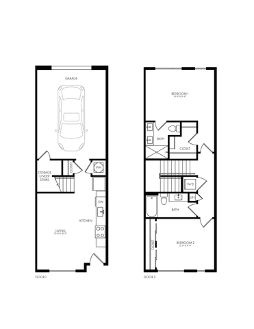 Modern two-story floor plan featuring a garage, sleek kitchen, and spacious bathroom with a washer and dryer on the upper level.