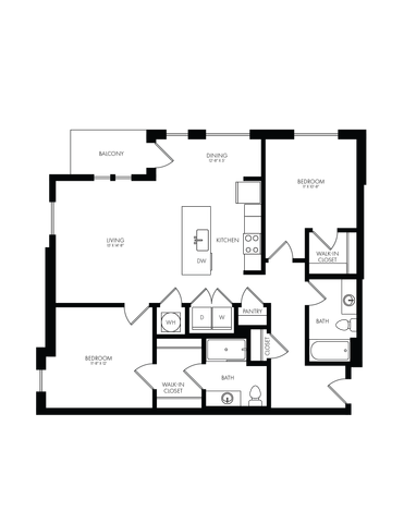 Modern floor plan showcasing two bedrooms, a sleek kitchen, and a cozy bathroom layout with efficient use of space.