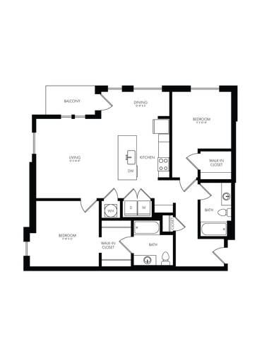 Modern studio apartment floor plan featuring an integrated living and kitchen area, spacious bathroom, and efficient storage spaces.