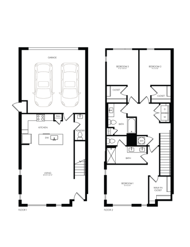 Modern 2D floor plan with a two-car garage, open kitchen, and stylish living area on the ground floor. Upstairs features two bedrooms and a bathroom, ideal for comfortable living.