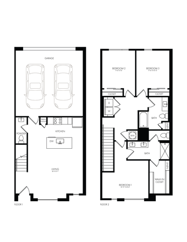 Modern two-story floor plan featuring spacious garage, open-concept kitchen with island, and elegant upstairs layout with dual closets and utility area.