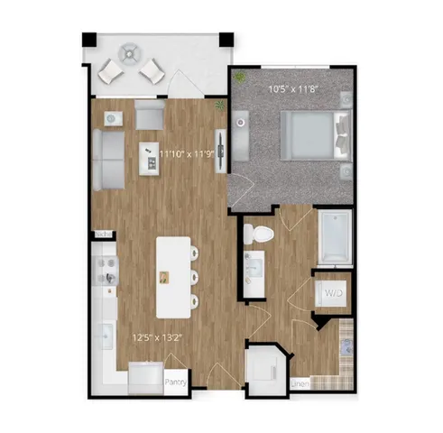 Elegant floor plan featuring 1 bedroom, an open living-dining area, and a modern kitchen with pantry.