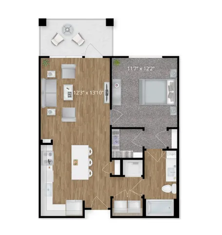 Efficient floor plan showcasing one bedroom, an open living-dining space, and a modern kitchen.