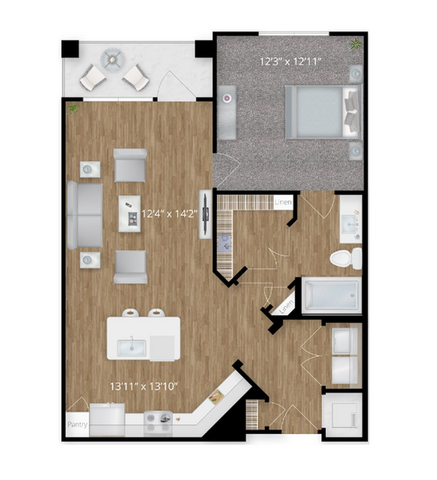 Detailed floor plan of a modern apartment featuring a spacious bedroom, open-concept living and dining area, and a sleek kitchen.