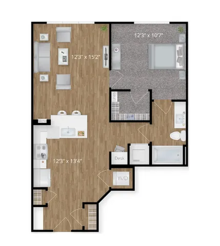 Modern one-bedroom floor plan featuring an open-concept living area, spacious kitchen, and bathroom.