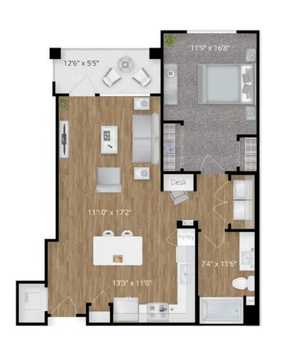 Efficient floor plan with spacious bedroom, open-concept living and dining area, and modern kitchen.