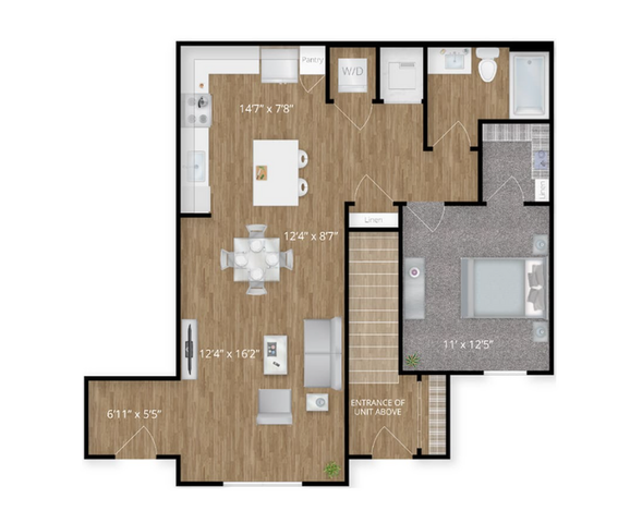 Stylish floor plan featuring one bedroom, open living area, dining space, and modern kitchen.