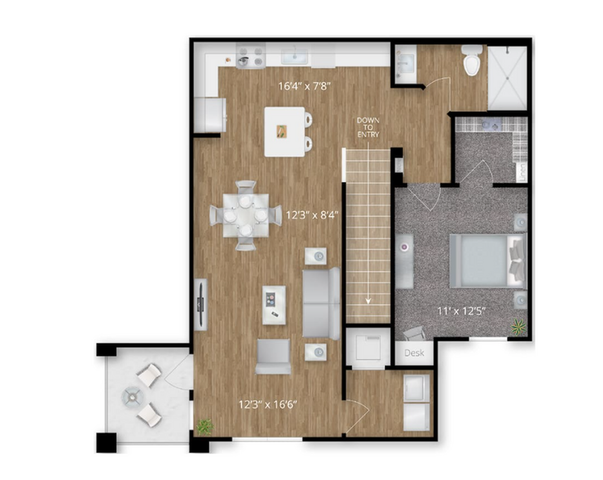 Floor plan with spacious open-concept living room, stylish kitchen, cozy bedroom, and balcony area.