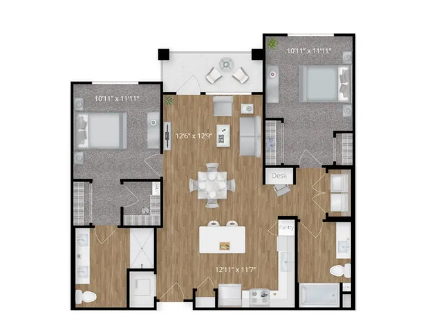 Chic 2D floor plan with 2 bedrooms, open living area, and modern kitchen layout.