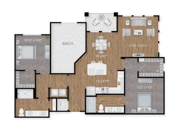 3-bedroom floor plan with open living area, kitchen, and two bathrooms.