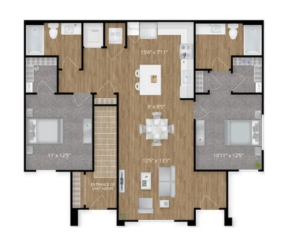 Sleek 2D floor plan showcasing two bedrooms, open-concept living and dining area, modern kitchen, and two bathrooms.