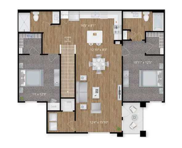 Sleek floor plan with 2 bedrooms, open dining area, and modern kitchen layout.
