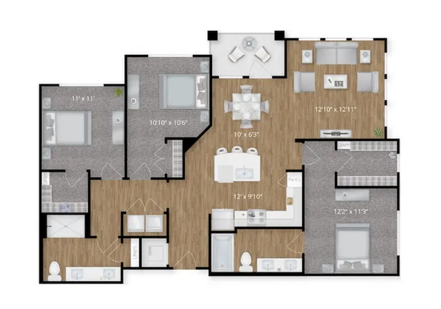 Modern 2D floor plan with 3 bedrooms, expansive living area, and a stylish kitchen.