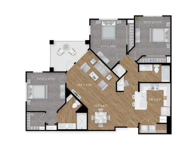 2D floor plan with 3 bedrooms, spacious living room, dining area, and modern kitchen.