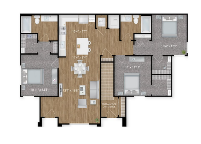 Detailed floor plan showcasing 3 bedrooms, an open kitchen, dining area, and living space with modern fittings.