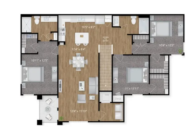 3-bedroom floor plan featuring open-concept living and dining areas with a modern kitchen.