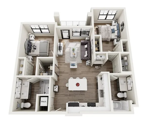 The Seine, 2/2, 1162 SF | Modern 3D floor plan showcasing two bedrooms, a sleek open-concept living area, and a contemporary kitchen, ideal for urban living.