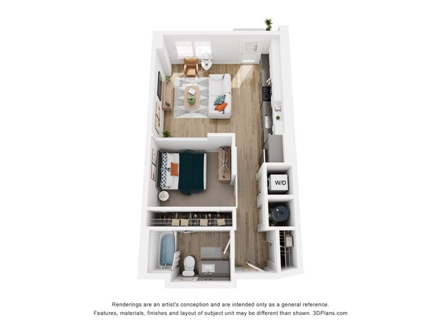 Modern 3D floor plan showcasing a cozy 1 bedroom apartment with an open living area, sleek kitchen, and a compact bathroom, perfect for urban living.