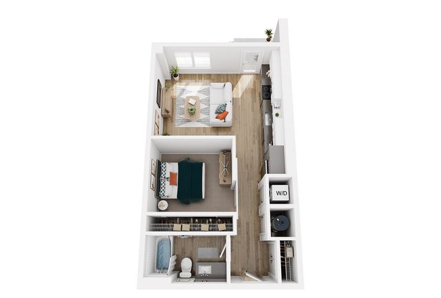Modern 3D floor plan featuring 1 bedroom, stylish living room, and sleek kitchen with in-unit washer/dryer.