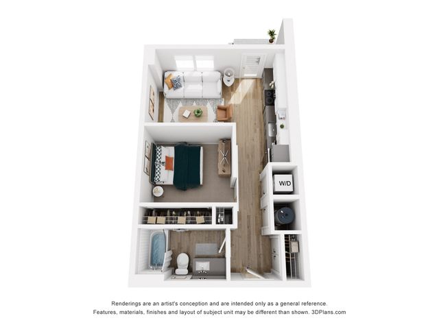 Chic 1-bedroom apartment floor plan with cozy living area, modern kitchen, and spacious bathroom.