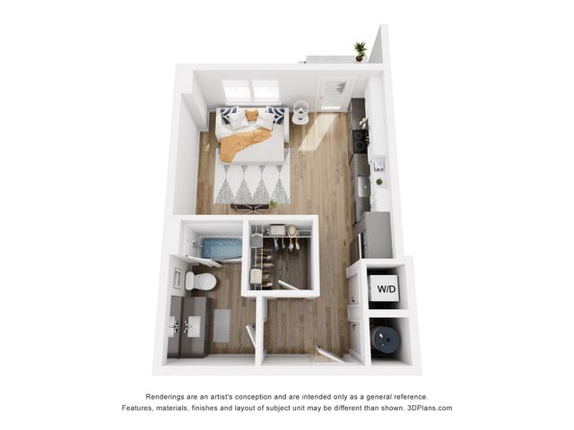 Chic studio apartment floor plan with an open bedroom area, modern kitchen, cozy living space, and sleek bathroom.