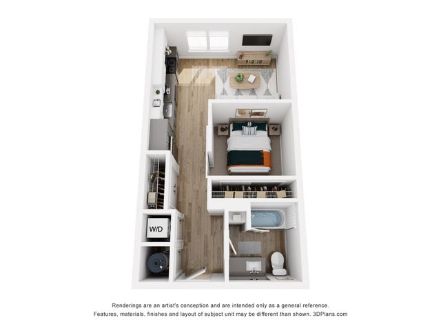 Modern open-concept floor plan featuring a cozy bedroom, sleek kitchen, and inviting living space with integrated laundry area.