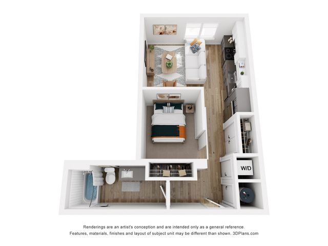 Chic apartment floor plan with cozy living room, modern kitchen, and comfortable bedroom with attached bath.