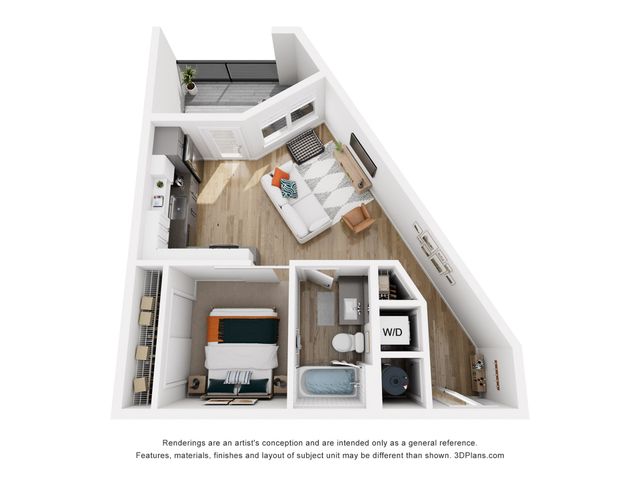 Modern 3D floor plan showcasing a cozy 1-bedroom apartment with a spacious living area, stylish kitchen, and a private balcony.