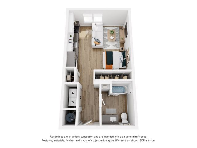 Modern 3D floor plan with one bedroom, cozy living space, sleek kitchen, and stylish bathroom.