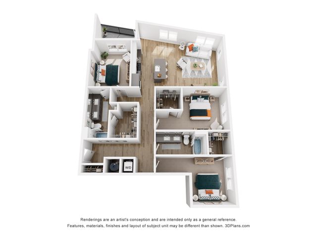 Modern 3D floor plan featuring three cozy bedrooms, two elegant bathrooms, an open-concept living and dining area, and a sleek kitchen, designed for comfortable urban living.