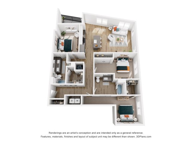 Bright, spacious 3D apartment floor plan featuring 3 bedrooms, a cozy living room, modern kitchen, and 2 stylish bathrooms with wood flooring throughout.