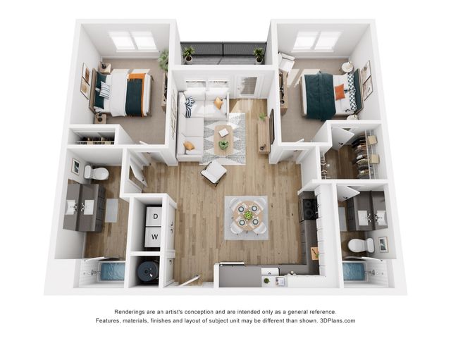 Modern 3D floor plan showcasing 2 bedrooms, open living room, elegant kitchen, and 2 stylish bathrooms with balcony access.