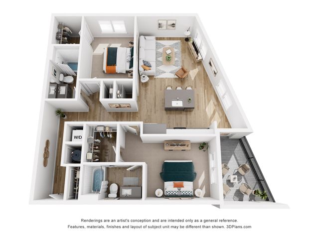 Charming 3D floor plan featuring two cozy bedrooms, a stylish open living area, modern kitchen with island, and inviting balcony space.