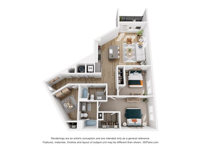 Contemporary 3D floor plan with two bedrooms, inviting living area, modern kitchen, and balcony access.