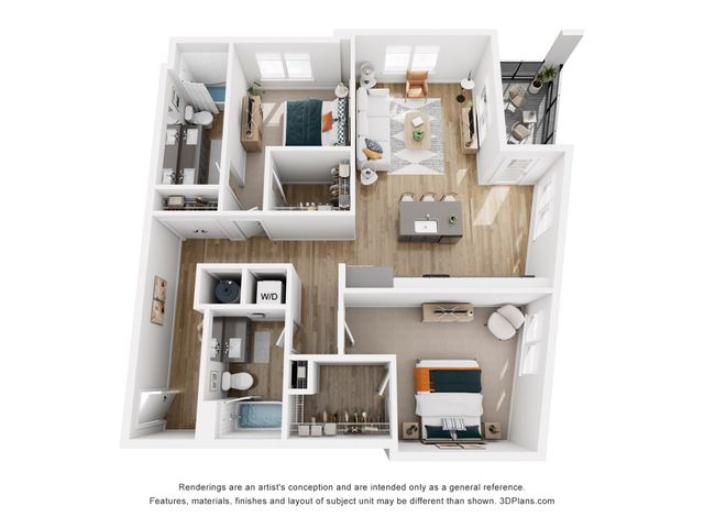 Modern 3D floor plan showcasing a stylish 2-bedroom apartment with an open-concept living room, sleek kitchen island, and spacious balcony.