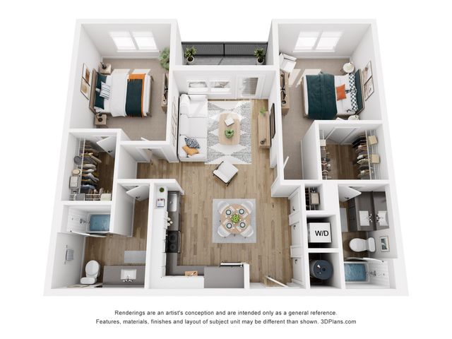 Charming 3D floor plan showcasing a modern 2-bedroom, 2-bath apartment with open-concept living and dining area, sleek kitchen, and private balcony.