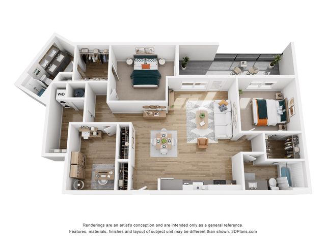 Elegant 3D floor plan showcasing 2 bedrooms, modern kitchen, cozy living area, and private balcony, perfect for contemporary living.