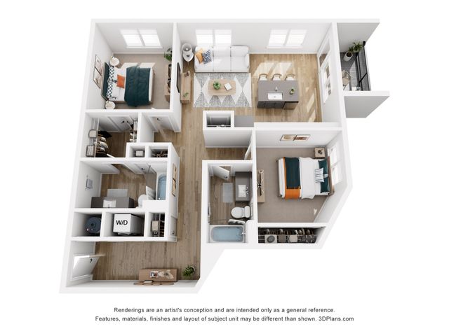 Modern apartment 3D floor plan showcasing 2 bedrooms, stylish open-concept living and dining area, elegant kitchen with island, and a cozy balcony.