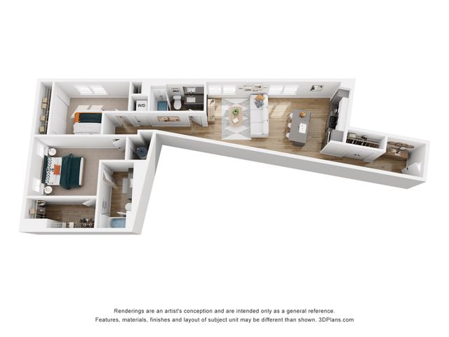 Modern 3D floor plan showcasing 2 bedrooms, a cozy living area, sleek kitchen, and two compact bathrooms.