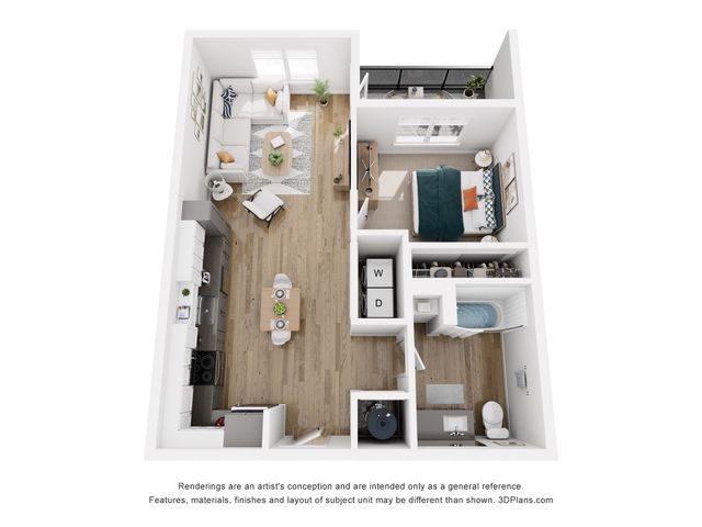Modern 3D apartment layout featuring an open living space, stylish kitchen, cozy bedroom, and balcony access.