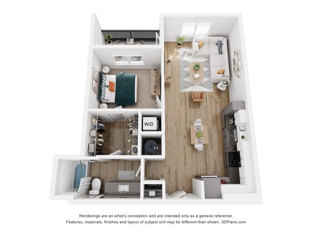 Chic 3D floor plan showcasing a stylish one-bedroom apartment with a sleek kitchen, cozy living area, modern bathroom, and balcony.