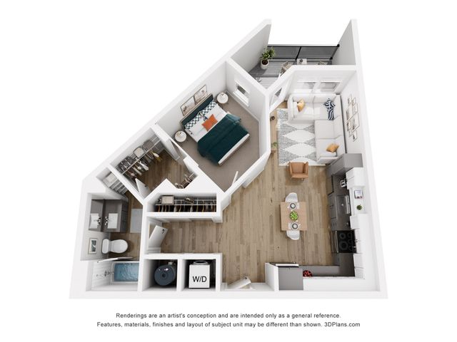 Contemporary 3D apartment floor plan showcasing an elegant bedroom, open living area, modern kitchen, and cozy balcony.