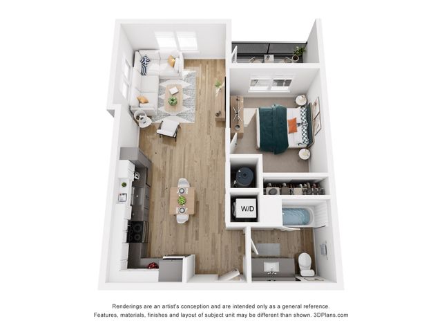 Chic 3D apartment floor plan featuring a cozy bedroom, inviting living area with corner sofa, modern kitchen, and balcony access.