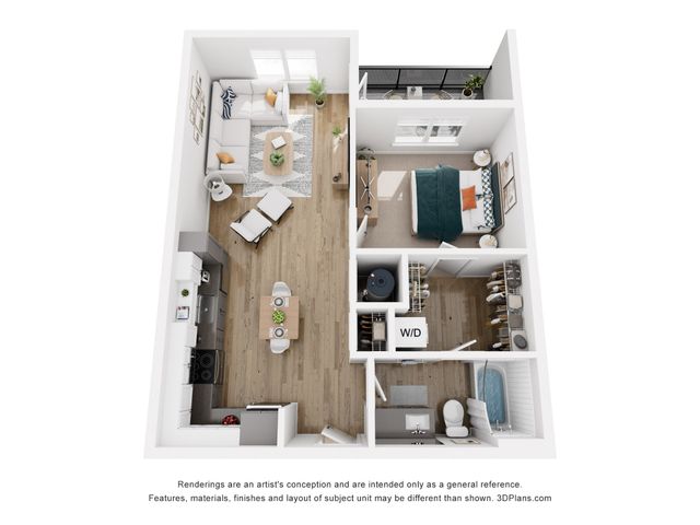 Modern 3D floor plan of a cozy apartment featuring a spacious bedroom, stylish open-concept living area, contemporary kitchen, and a private balcony.