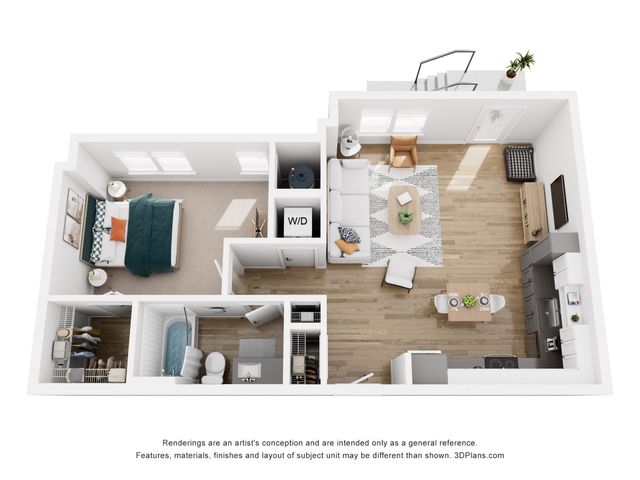 Elegant open-concept 3D floor plan featuring a spacious living room, modern kitchen, cozy bedroom, and stylish bathroom.