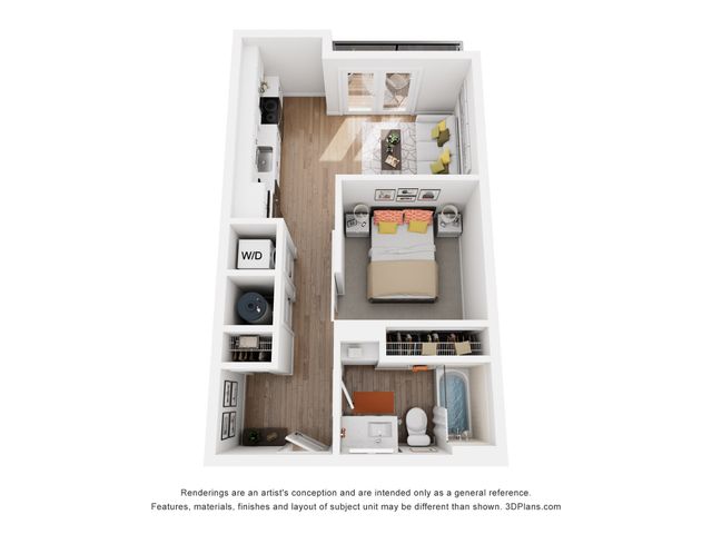 Modern 1-bedroom apartment floor plan with an open kitchen, cozy living area, and a spacious bathroom.