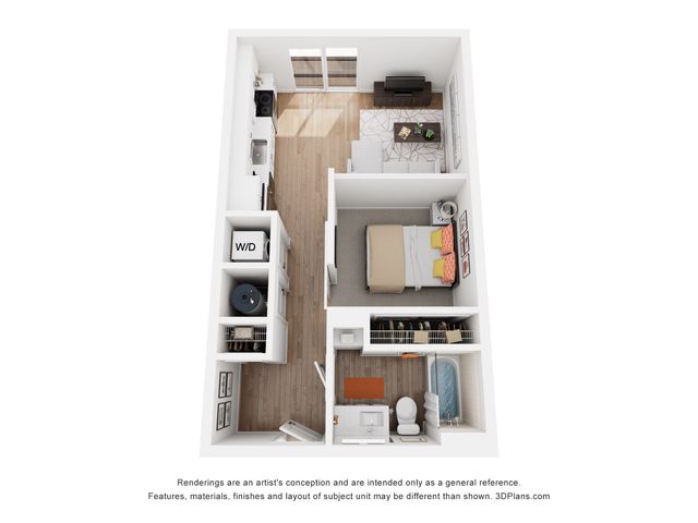 Contemporary 3D floor plan featuring a cozy 1-bedroom apartment with a modern kitchen, inviting living room, spacious bathroom, and in-unit washer and dryer.