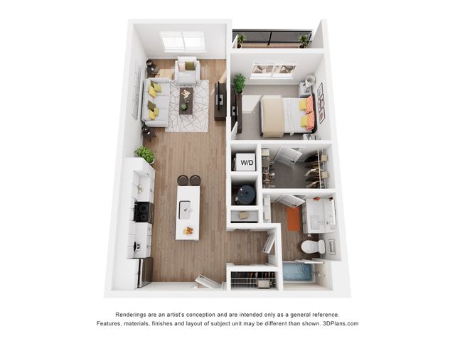 Modern 3D apartment floor plan featuring 1 bedroom, a stylish open-concept kitchen and living area, with ample natural light and balcony access.